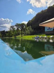a swimming pool with a view of a river at LeGora in Pryborzhavsʼke