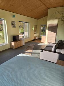 a room with a bed and a couch and windows at LeGora in Pryborzhavsʼke