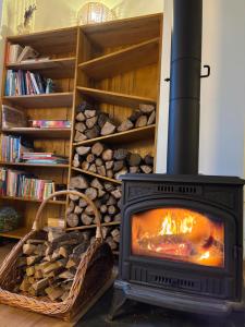a stove with a fire in a room with logs at Erdő mellett lebzselő in Mogyoróska