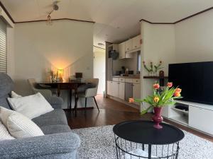 a living room with a vase of flowers on a table at Huisje Weltevree Gendt in Gendt