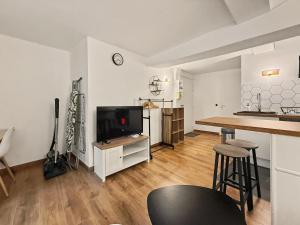 a living room with a tv and a counter at Sous Les Toits in Valence