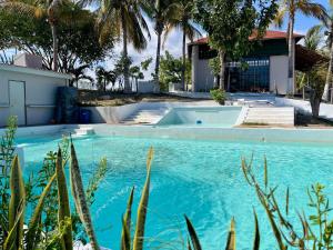 a swimming pool in front of a house with palm trees at Hotel Mare in Santa Maria Huatulco