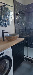 a bathroom with a sink and a washing machine at Appartement face golf et océan in Saint-Jean-de-Monts +18 photos