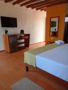 a bedroom with a bed and a flat screen tv at HotelQuintaMaria in Barichara