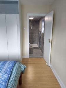 a bathroom with a shower and a bed in a room at Woodmount Cottage in Ennistymon +35 photos