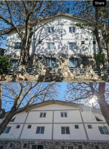 two pictures of a building with a tree in front of it at Vama Stone House in Vama Veche