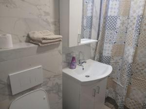 a bathroom with a sink and a toilet and a shower at Apartment King in Travnik