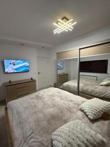 a bedroom with two beds and a flat screen tv at Casa Florescu in Craiova