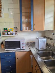 a kitchen with a sink and a microwave on a counter at Hospedagem UniCanto in Campinas
