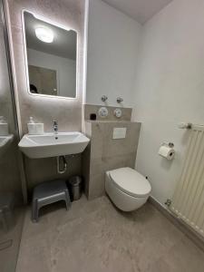 a bathroom with a white toilet and a sink at Bergauszeit mit Sauna in Aschau im Chiemgau +26 photos
