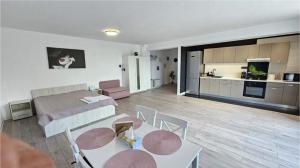 a kitchen and a living room with a table and chairs at Copou Luxury Suites in Vaslui +6 photos
