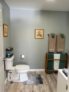 a bathroom with a white toilet and a green towel at Crawford Suite in Meadville