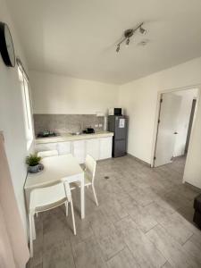 a kitchen with a table and chairs and a refrigerator at Downtown apartments in Kralendijk +14 photos
