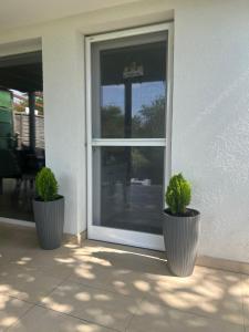 two potted plants sitting in front of a window at Sun&Fun Vendégház in Balatonakarattya