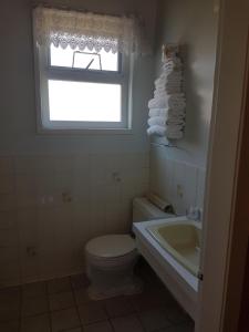 a bathroom with a toilet and a sink and a window at Alberni Inn in Port Alberni