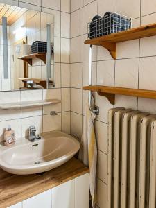 a bathroom with a sink and a radiator at Hof Gottesbüren in Warburg +69 photos