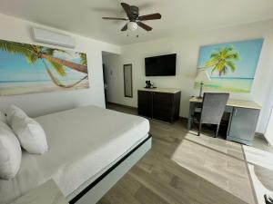 a bedroom with a bed and a desk and a television at Hotel Playa Bonita Resort in Puerto Peñasco