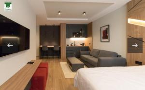 a room with a bed and a couch and a kitchen at Maksim 2 in Iglići