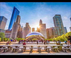 a group of people in a city with buildings at Hamaline Luxury Guest House in Chicago