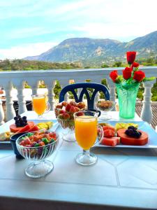 a table with a breakfast of fruit and juice at Hotel Los Balcones de Apulo in Apulo
