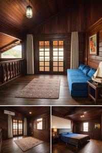a living room with a blue couch in a house at Casarão do Mar in Cabo Frio +48 photos