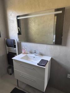 a bathroom with a white sink and a mirror at maison romantique avec spa privé in Montargis