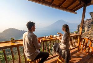 a man and a woman sitting at a table on a balcony at Lake Atitlán Panorama Chalets in San Marcos La Laguna