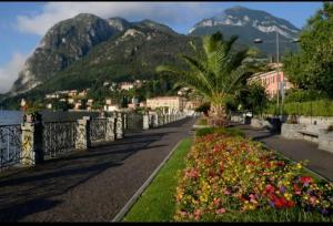 a street with flowers and a palm tree and mountains at Casa Clem centro Menaggio con possibilità di garage in Menaggio