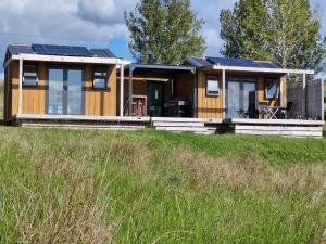 a house with solar panels on the side of a field at HavenRidge Alpaca Glamping Cabins in Kaiwaka +15 photos