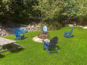 a group of blue chairs sitting in the grass at Acadia View Cottage Peaceful, Pet Friendly, Fire Pit, Near Peaks and Echo Lake in Hall Quarry