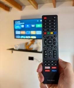 a person holding a remote control in front of a tv at Apê Mini Casa - Ar condicionado - ao lado do Sesc Bertioga dentro da Pousada Lemon in Bertioga
