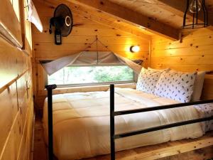 a bedroom with a hammock in a log cabin at Theodore Tiny Cabin- RRG Hot Tub Pet Friendly in Slade