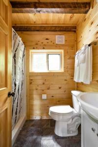 a wooden bathroom with a toilet and a sink at Theodore Tiny Cabin- RRG Hot Tub Pet Friendly in Slade +18 photos
