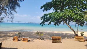 a beach with chairs and a tree and the ocean at KAMAKU Bungalows - Sunset Beach in Koh Rong Sanloem