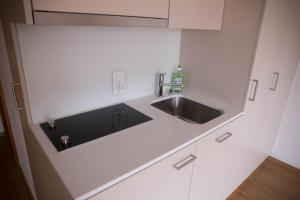 a white kitchen with a sink and a counter at Chesa Surlej Apartment in Surlej