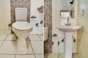 two pictures of a bathroom with a toilet and a sink at Hotel CROWN PLAZA SK in Rudrapur