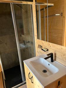 a bathroom with a sink and a shower at La Tiny du Clos Ernest in Cheminot +22 photos