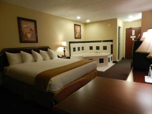 Habitación de hotel con cama y bañera en Luxury Inn & Suites Troy en Troy