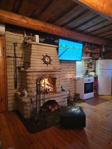 a living room with a brick fireplace with a tv at Pitsinina Log House in Kaugatuma