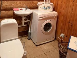 a bathroom with a washing machine and a sink at Pitsinina Log House in Kaugatuma +9 photos