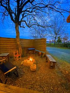 a fire pit with benches and a table and a tree at こちの宿 in Yamaga