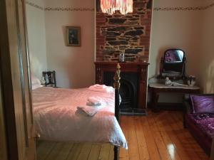 a bedroom with a bed and a fireplace at bluebird cottage in Angaston