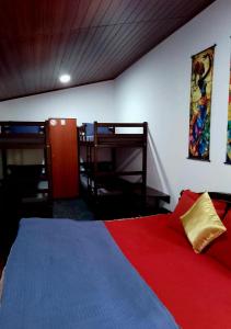 a bedroom with a bed with a red and blue blanket at Thambili lk in Colombo