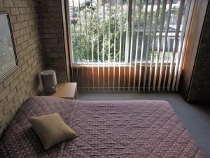 a bedroom with a bed and a large window at A Furnished Townhouse in Goulburn in Goulburn