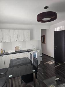 a kitchen with a table and a black refrigerator at Apartment Djordje Budva-Jaz in Kukaljevina