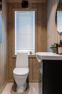 a bathroom with a toilet and a sink and a window at Flott utsikt Peis Elbillader in Aurdal +33 photos