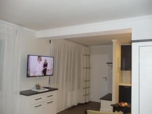 a living room with a tv and a sink at Apartment am Roten Stein in Erfurt