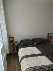 a bed in a room with two pillows on it at Chez Val et Phil in La Voulte-sur-Rhône