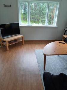 a living room with a flat screen tv and a coffee table at Nernesholmen in Nes