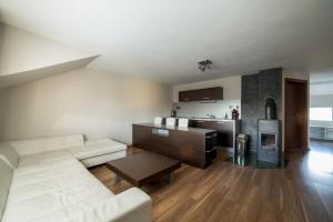 a living room with a couch and a kitchen at Apartmány Janka + camp in Bešeňová